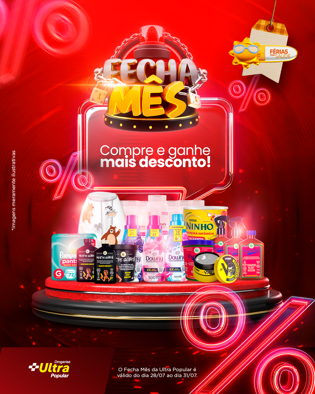 Peça promocional da Ultra Popular em vermelho com produtos e chamada Fecha Mês