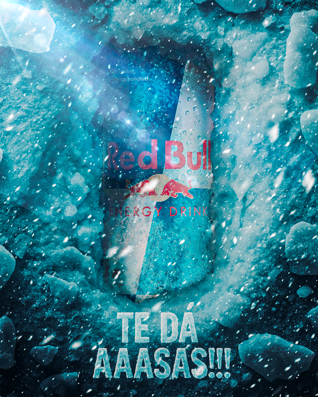 Peça da Red Bull com lata cercada por gelo e neve em tons azulados